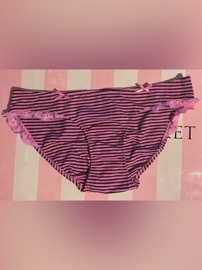 New vintage Victoria's Secret PINK bikini panties lace ruffles striped silver